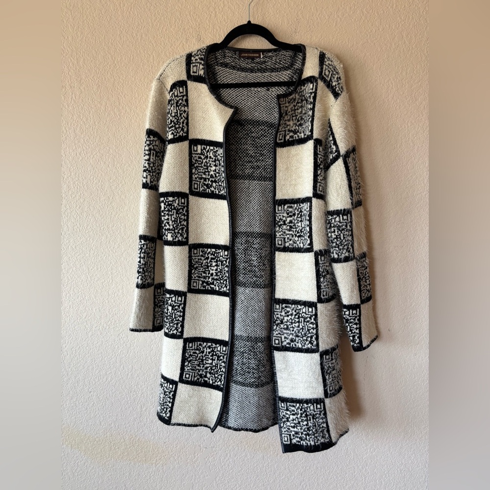 John Fashion‎ Cardigan Womens XL Checkerboard Fuzzy Wool Blend Hook N Eye - Picture 7 of 11
